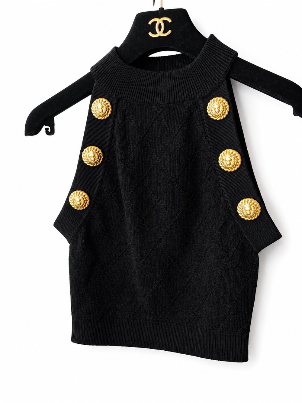 🚩steal Balmain Black Sleeveless Turtleneck Sweater with Gold Buttons